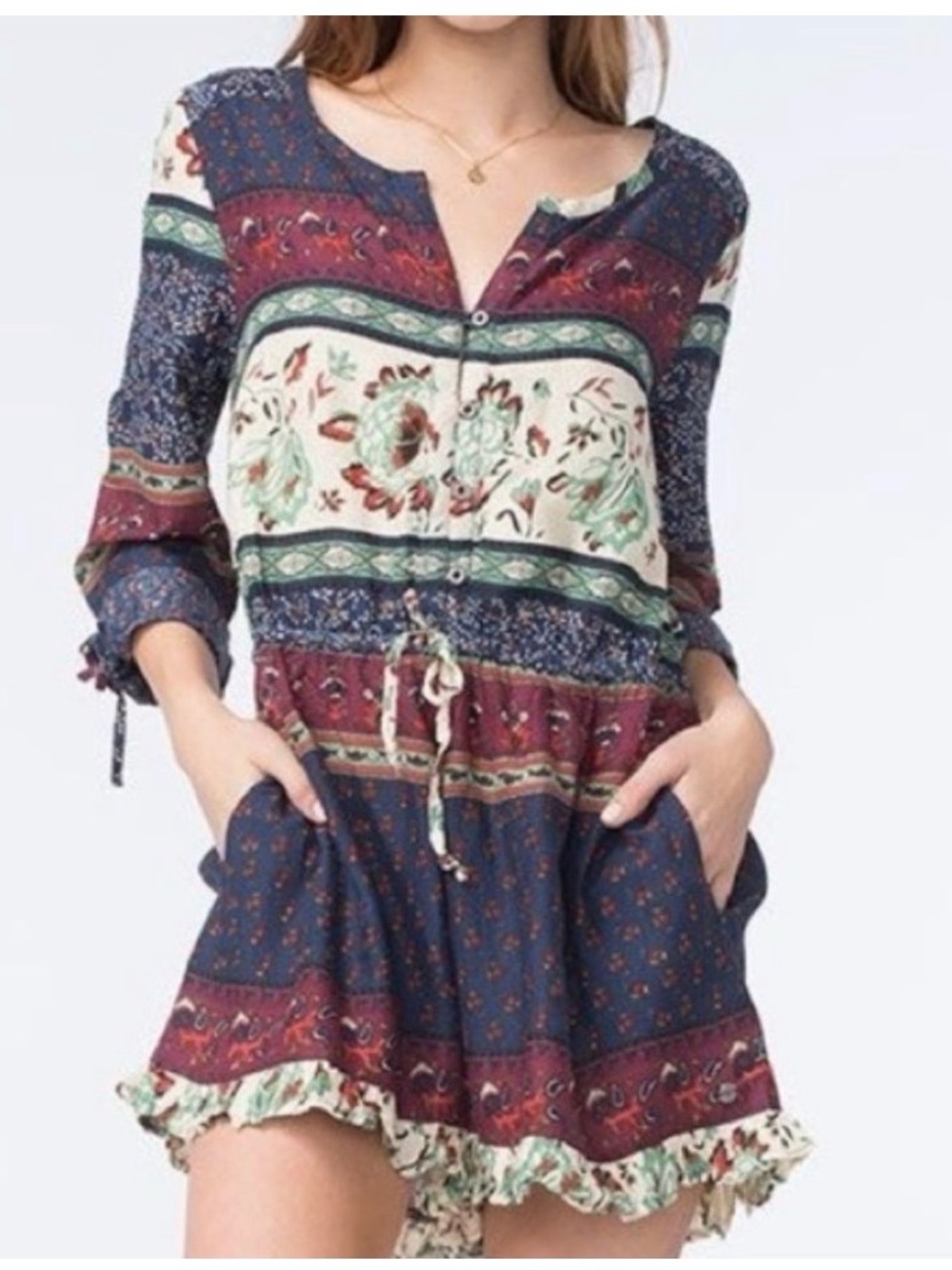 Roxy Romper XL Navy Burgundy Cream Floral Boho